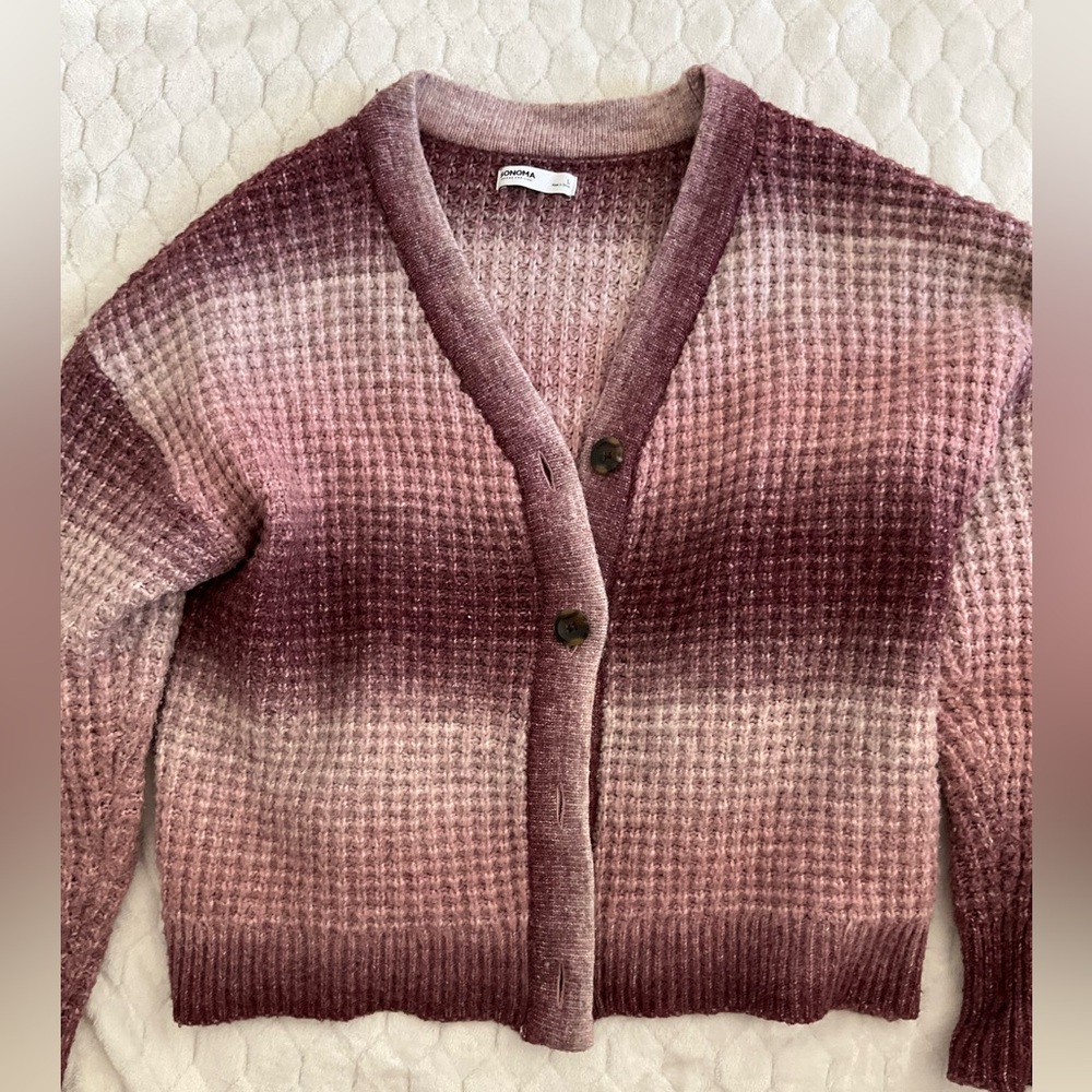 Sonoma Ombre Mauve-Pink Waffle Knit Button Down Cardigan Sz Lg